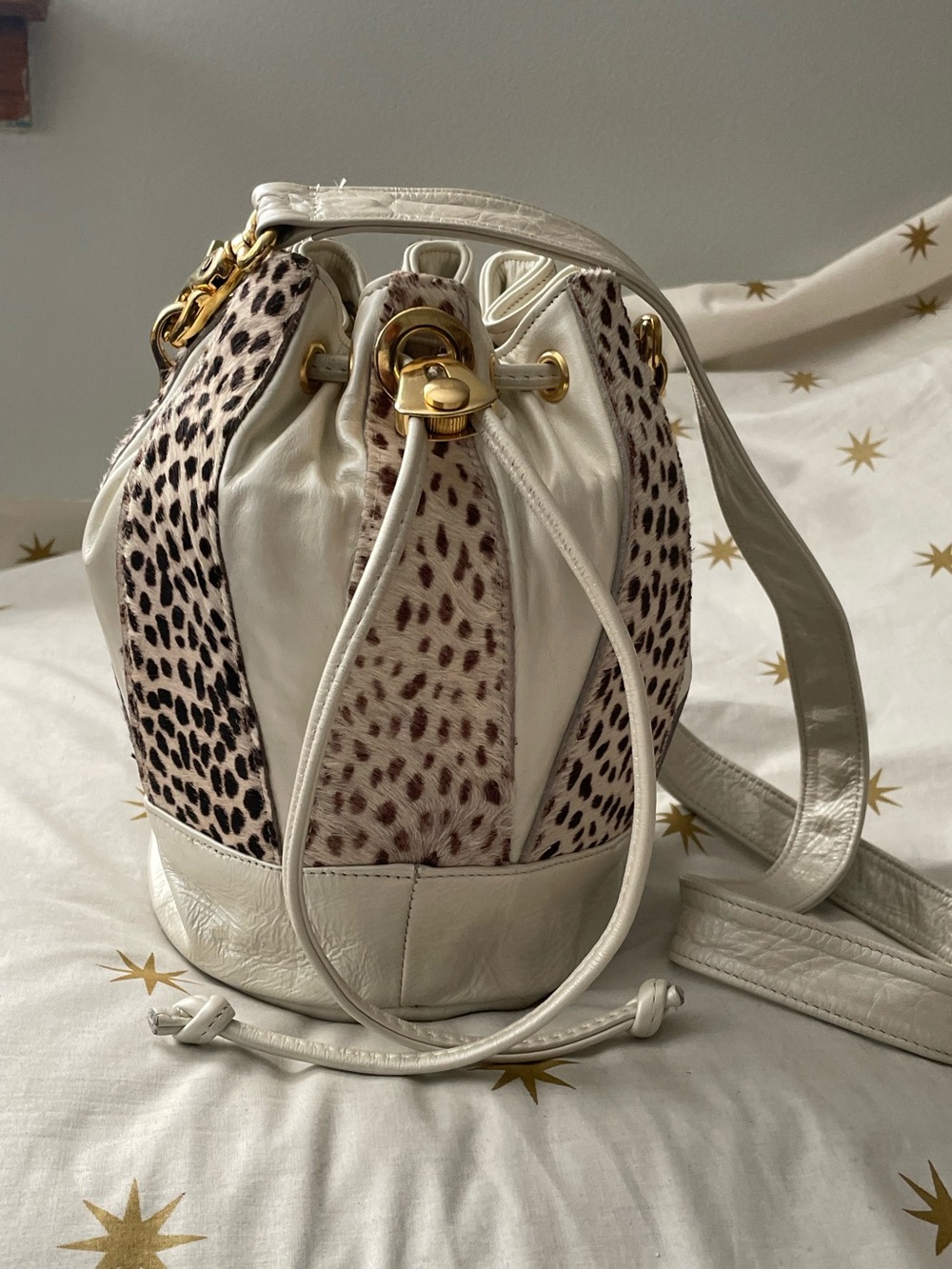 Vintage White & Leopard Pony Hair Leather Drawstring Bucket Bag